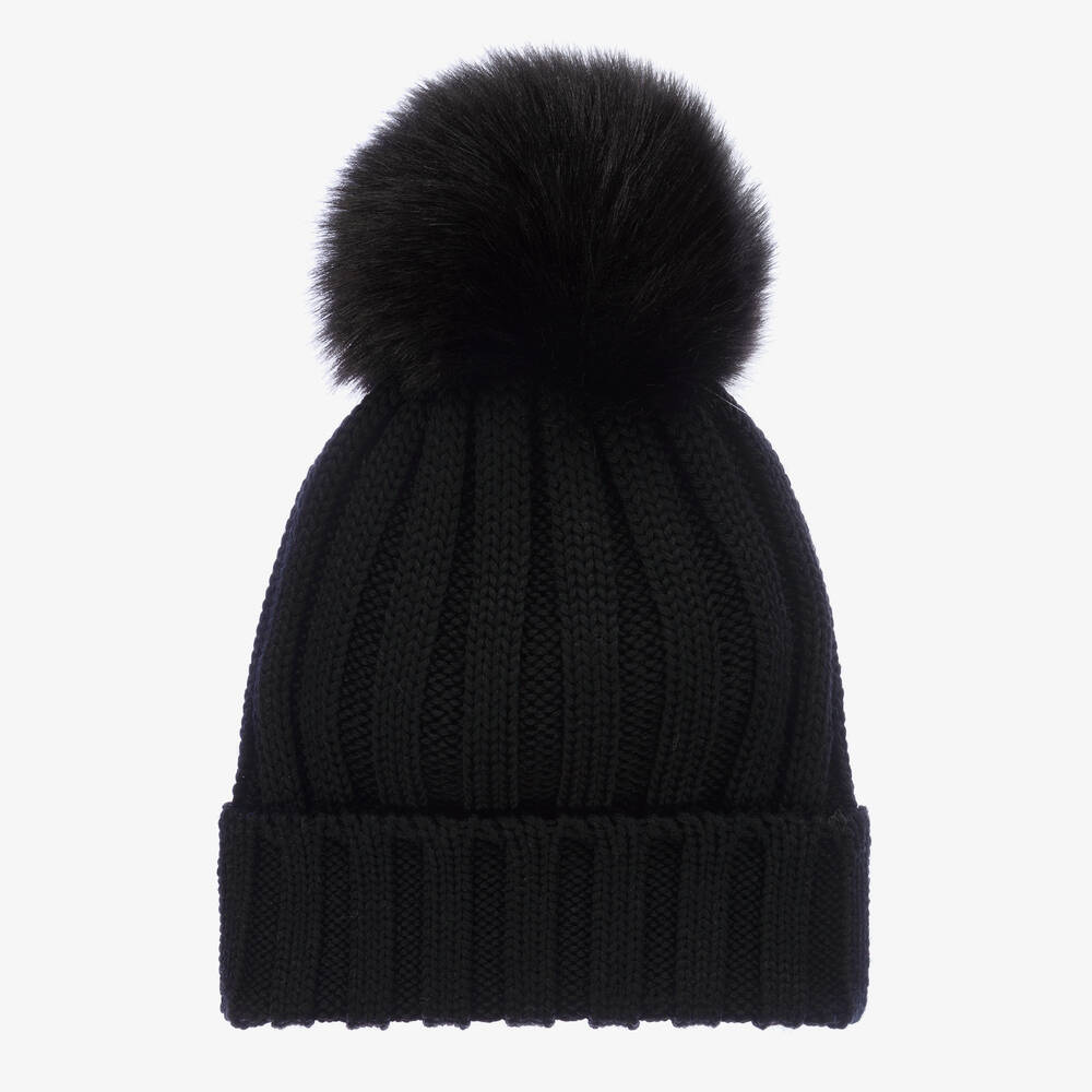 Catya - Girls Black Wool Knit Pom-Pom Hat | Childrensalon