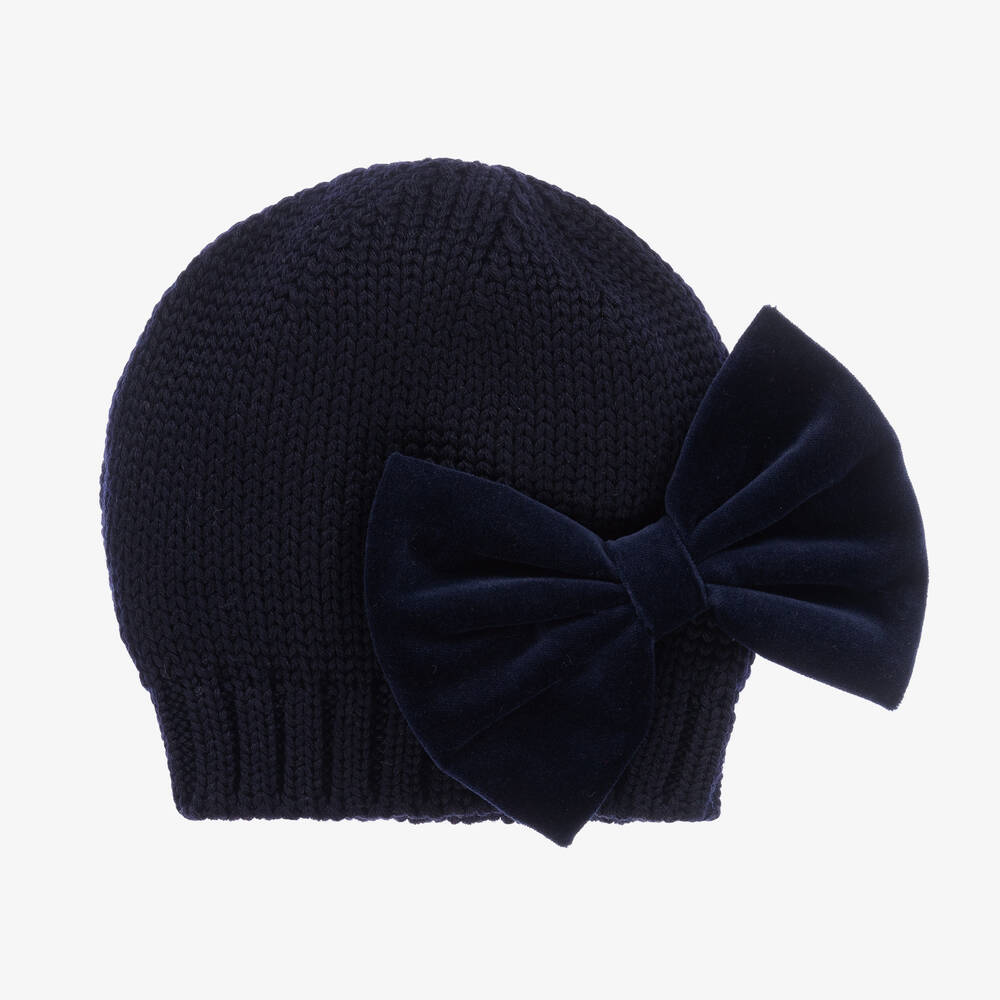 Catya - Girls Blue Wool Knit Bow Hat | Childrensalon