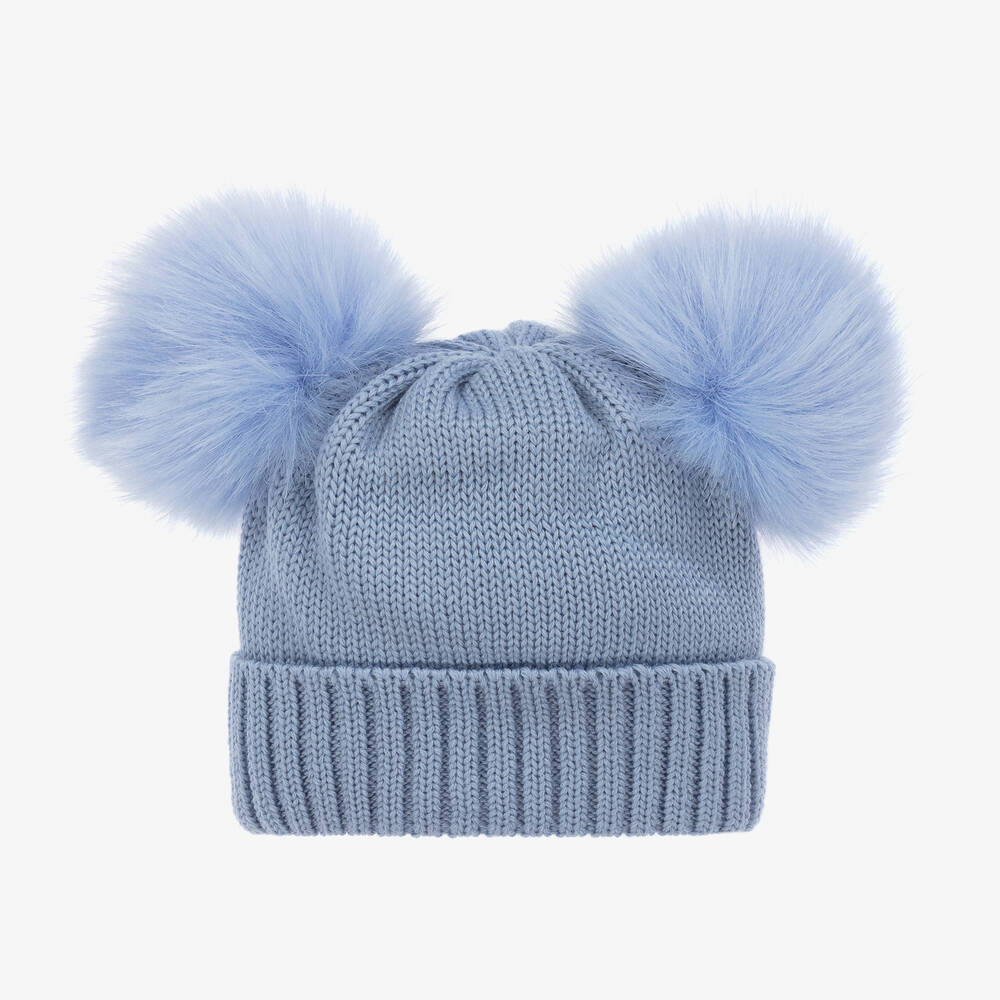 Catya - Girls Blue Wool Knit Pom-Pom Hat | Childrensalon