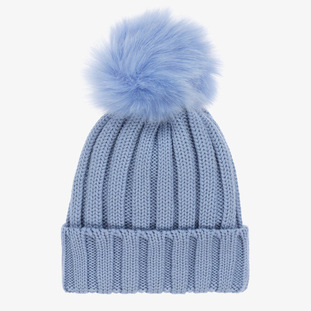 Catya - Girls Blue Wool Knit Pom-Pom Hat | Childrensalon