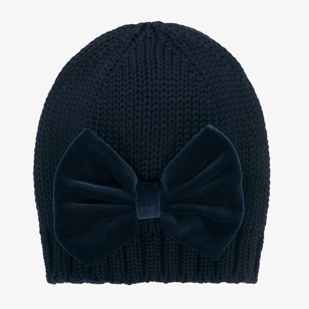 Catya - Girls Blue Wool Knit Velvet Bow Hat | Childrensalon