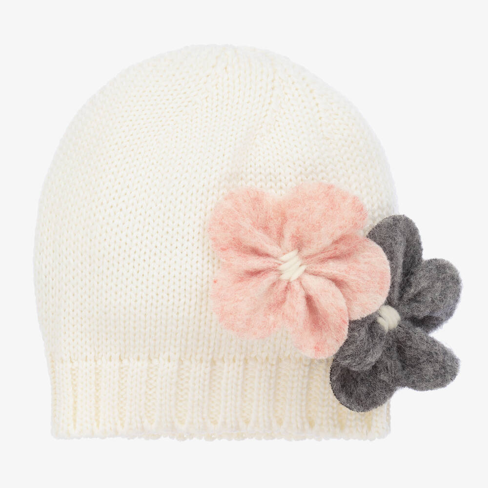 Catya - Girls Ivory Wool Knit Flowers Hat | Childrensalon