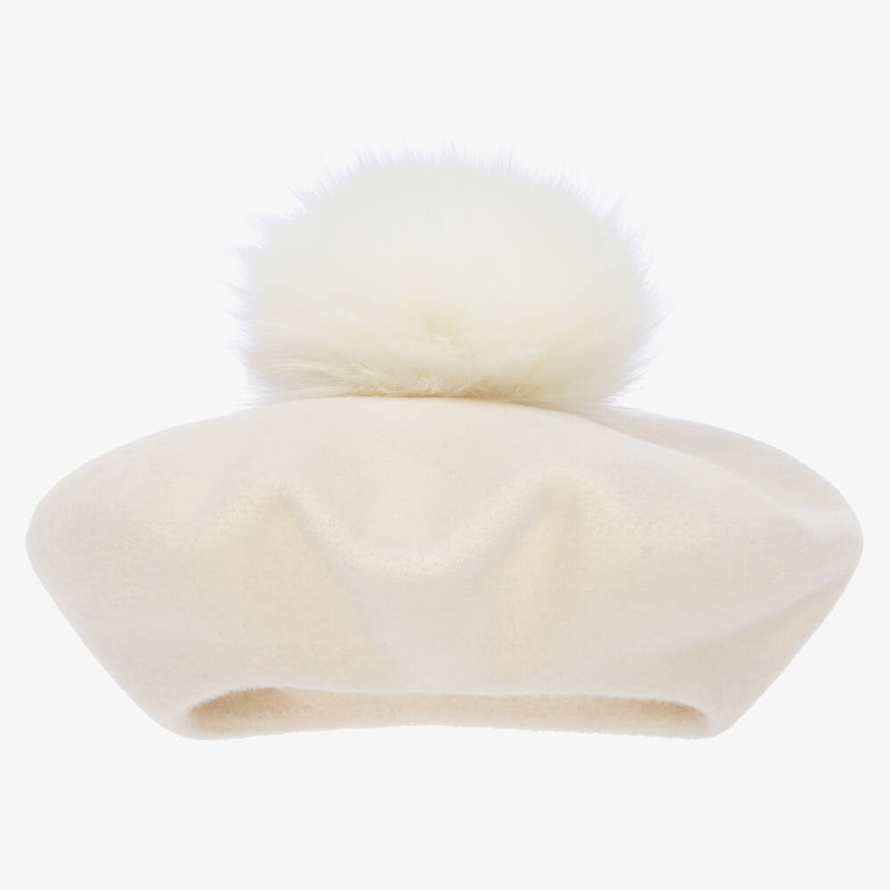 Catya - Bommel-Baskenmütze aus Wolle in Elfenbein  | Childrensalon
