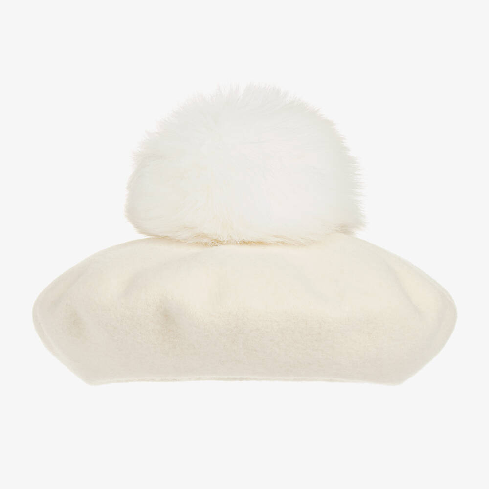 Catya - Girls Ivory Wool Pom-Pom Beret | Childrensalon