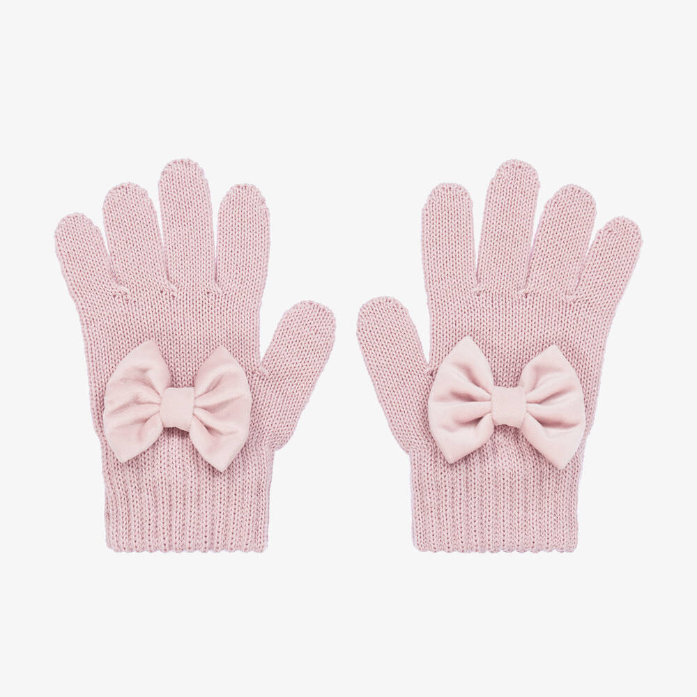 Catya - Girls Pink Wool Knit Bow Gloves | Childrensalon