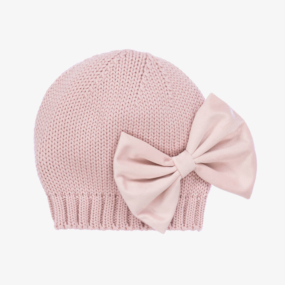 Catya - Girls Pink Wool Knit Bow Hat | Childrensalon