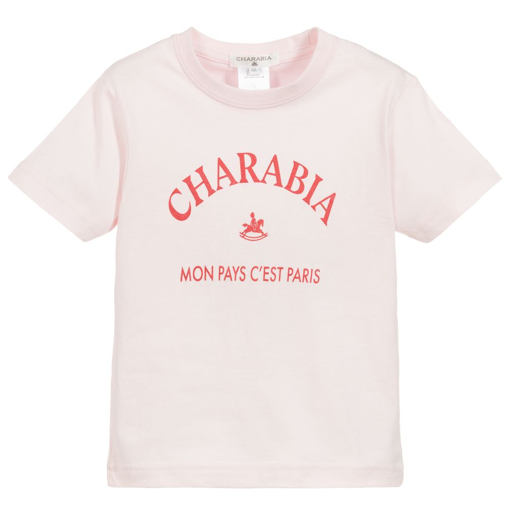 Charabia Babies' Girls Pink Cotton Logo T-shirt