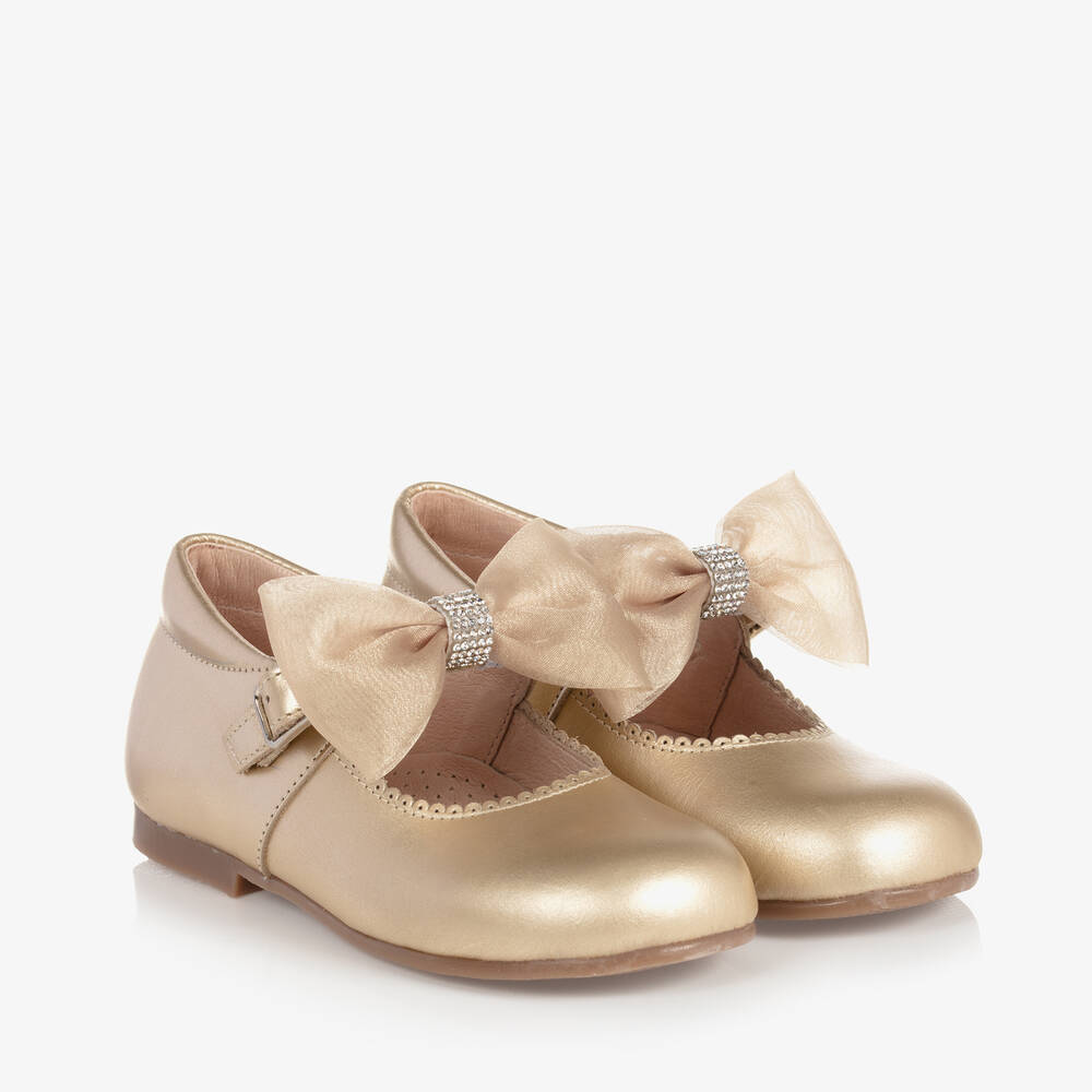 Children's Classics - Girls Gold Leather Bow Shoes | Childrensalon