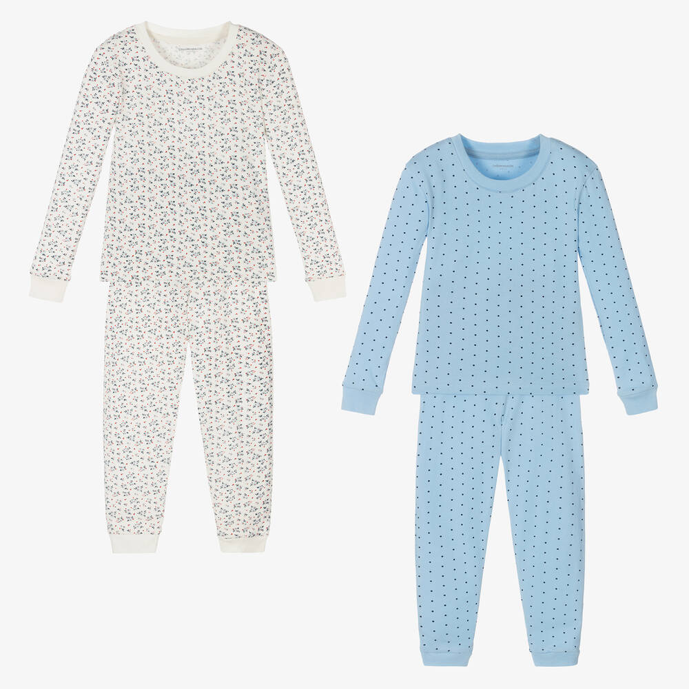 Childrensalon Essentials - Girls Blue & Ivory Organic Pyjamas (2 Pack) | Childrensalon