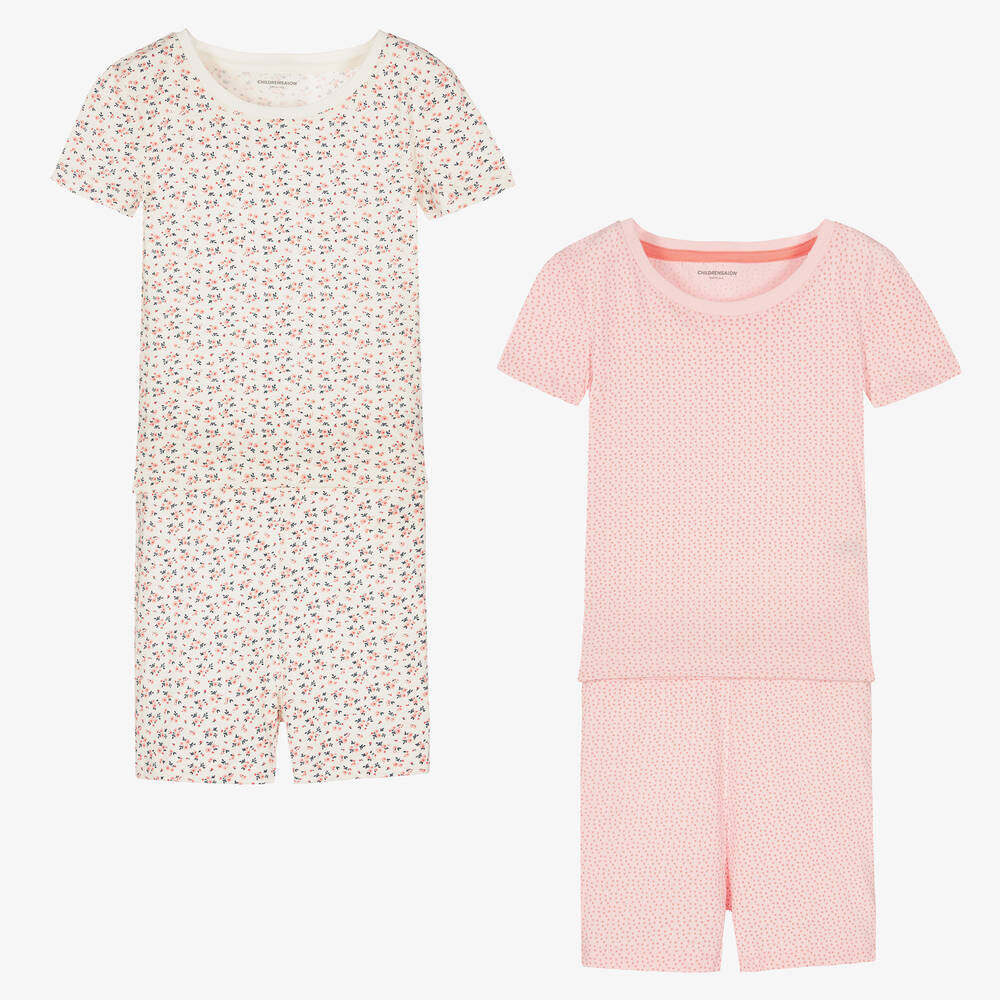 Childrensalon Essentials - Girls Ivory & Pink Cotton Pyjamas (2 Pack) | Childrensalon