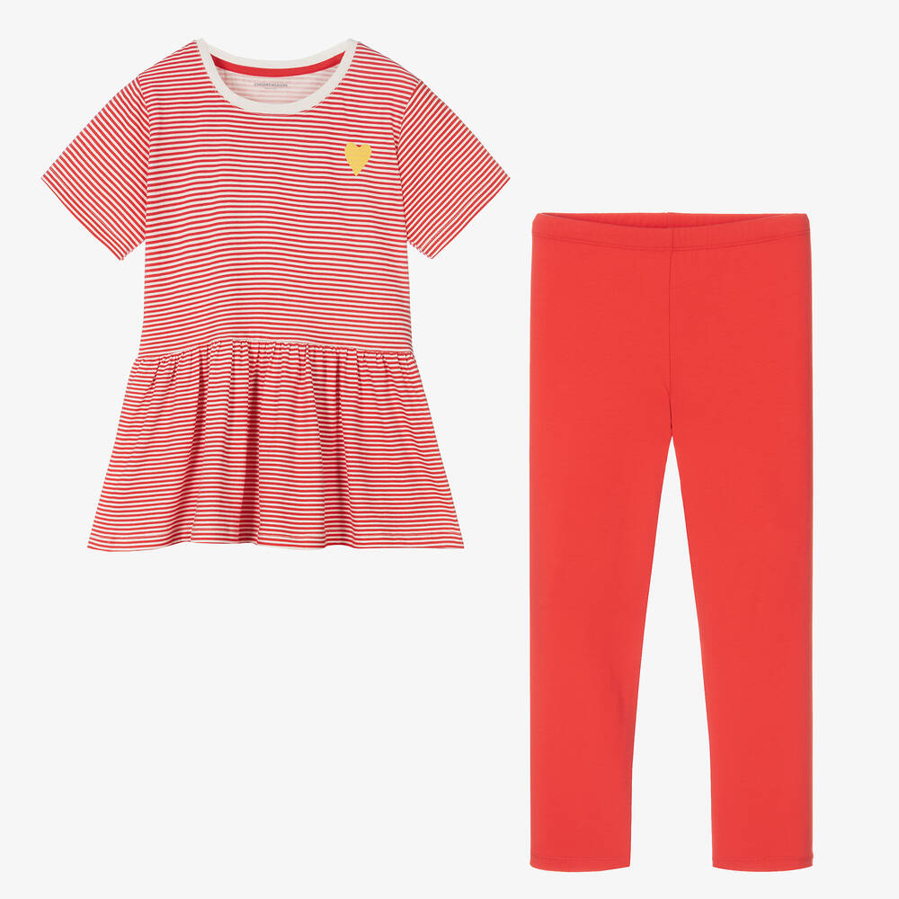Childrensalon Essentials - Girls Red Stripe Organic Leggings Set