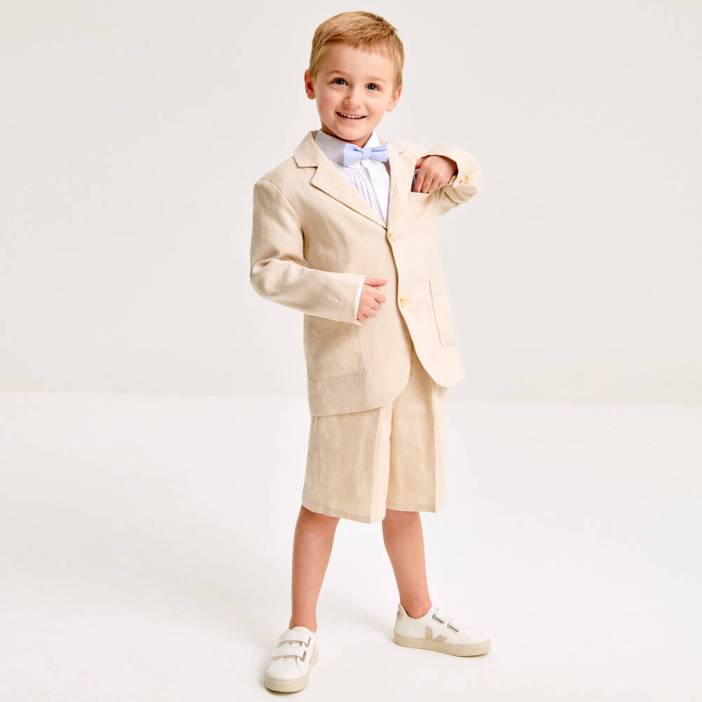 Childrensalon Occasions-Boys Beige Linen Shorts Suit  | Childrensalon