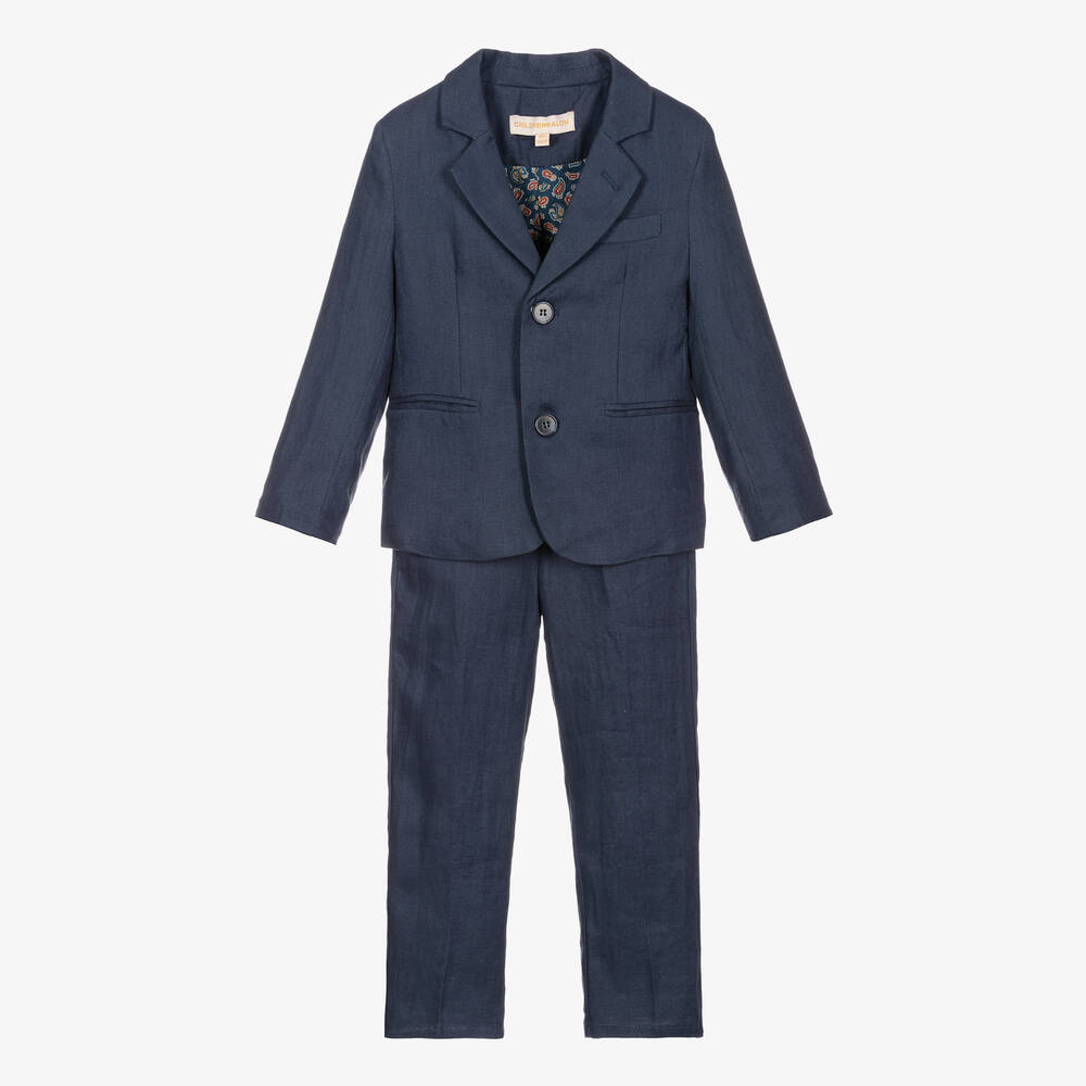 Childrensalon Occasions -  Boys Navy Blue Linen Trouser Suit & Tie | Childrensalon