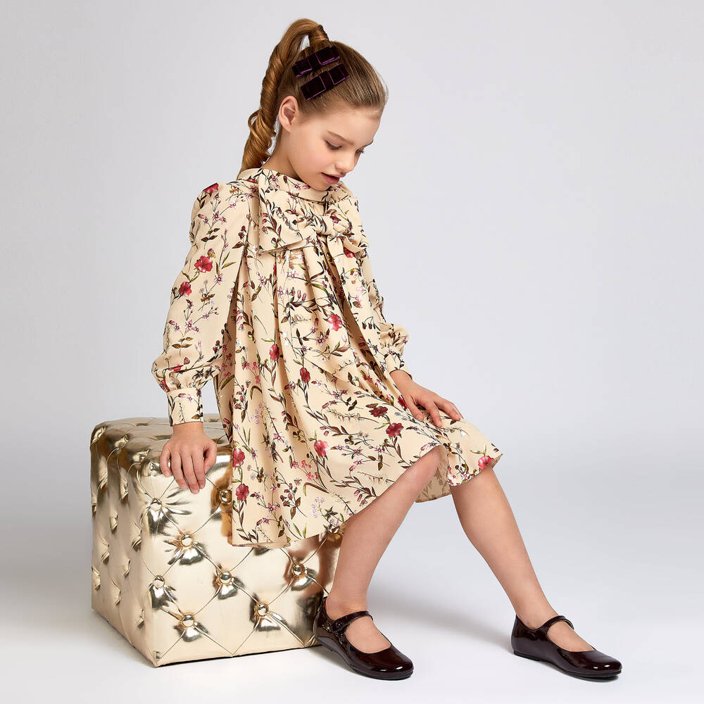 Childrensalon Occasions-Girls Beige Floral Crêpe Bow Dress | Childrensalon