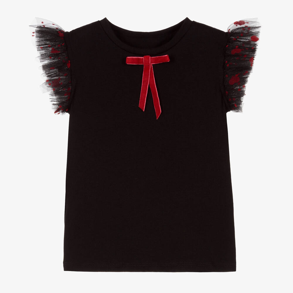 Childrensalon Occasions - Girls Black & Red Bow Cotton T-Shirt  | Childrensalon