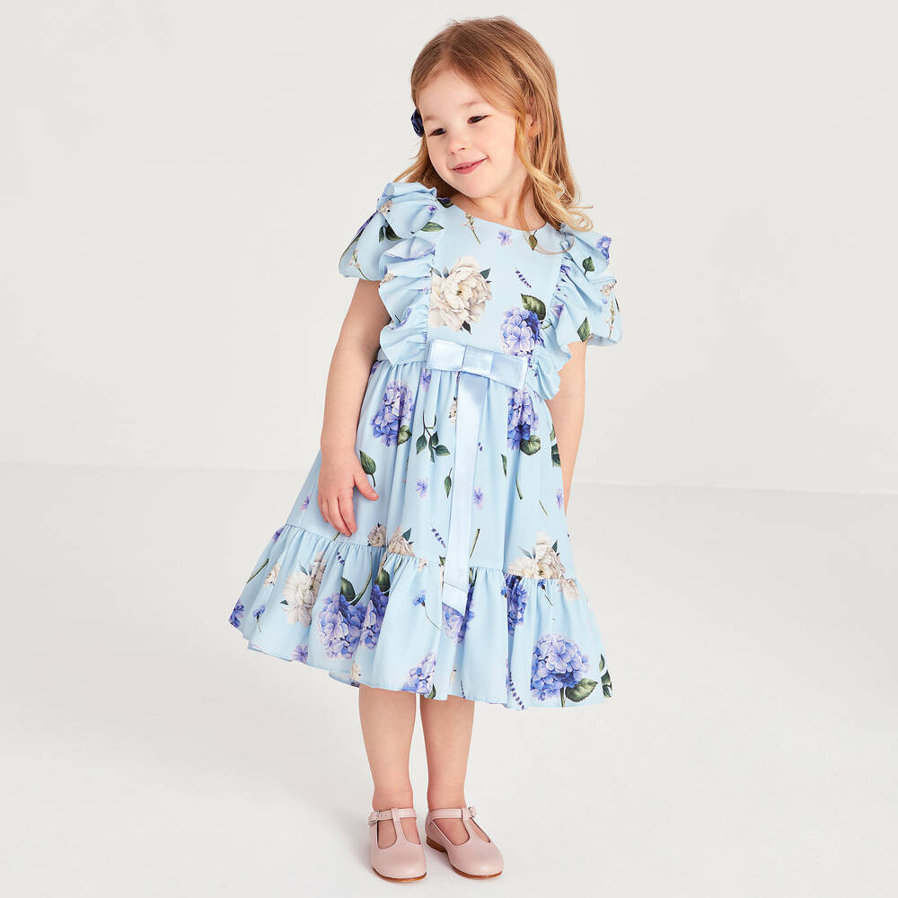 Childrensalon Occasions - Girls Blue Floral Crêpe Dress | Childrensalon