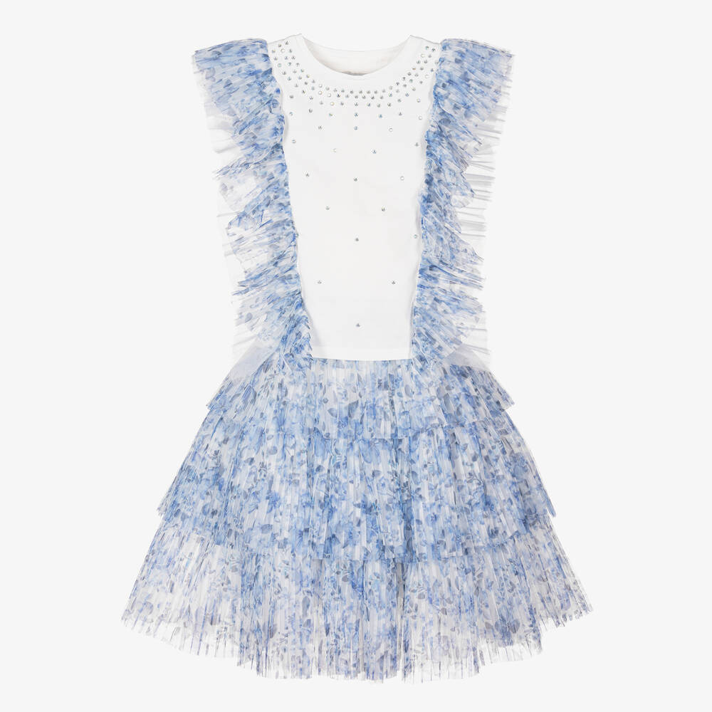 Childrensalon Occasions - Girls Blue Pleated Floral Tulle Skirt Set | Childrensalon
