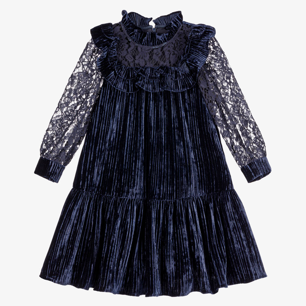 Childrensalon Occasions - Girls Blue Velour & Lace Dress | Childrensalon