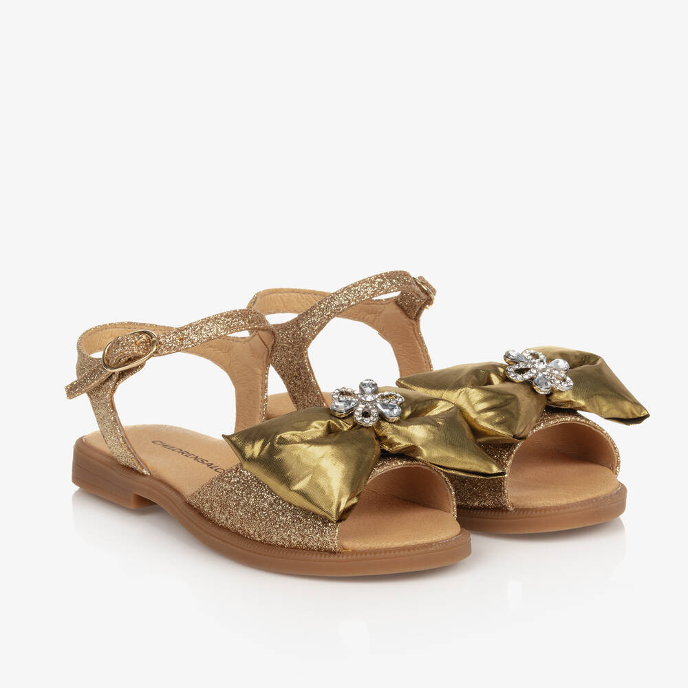 Childrensalon Occasions - Girls Glittery Gold Satin Bow Sandals | Childrensalon