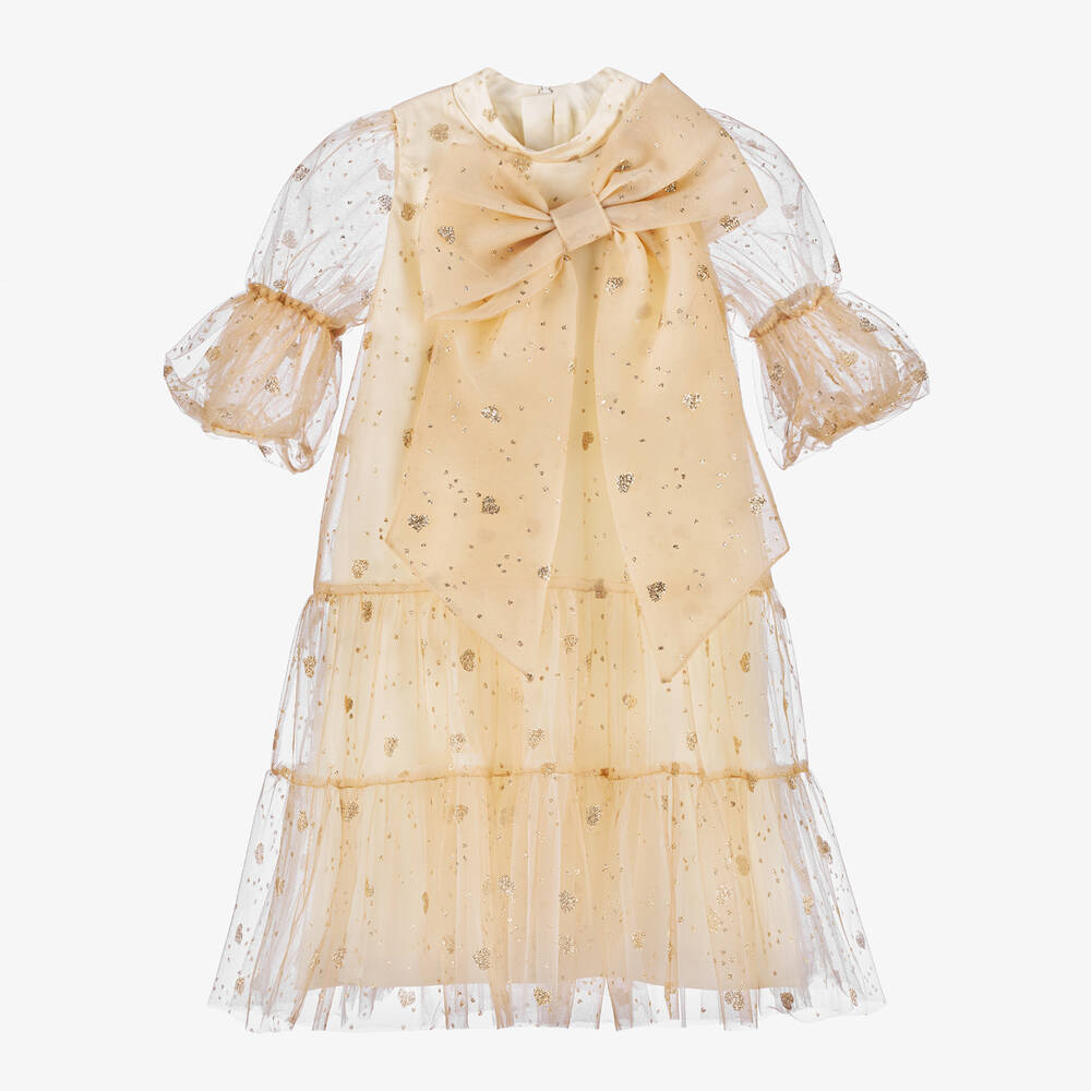 Childrensalon Occasions - Золотистое платье из тюля с блестящими сердечками | Childrensalon
