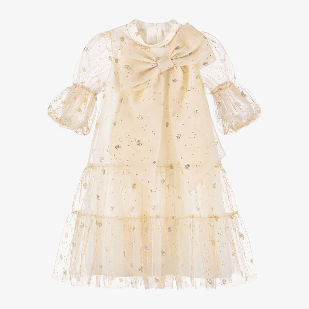 Childrensalon Occasions - Girls Gold Glittery Heart Tulle Dress | Childrensalon