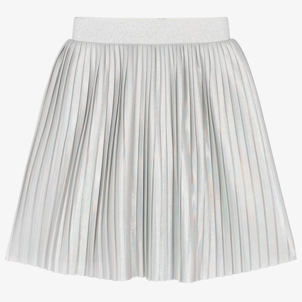Girls Iridescent Silver Pleated Skirt