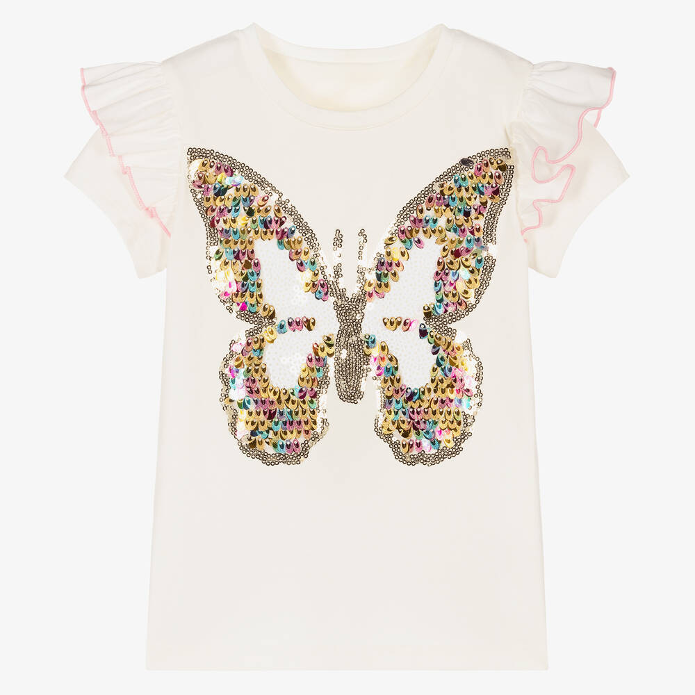 Childrensalon Occasions - Girls Ivory Cotton Sequin Butterfly Top | Childrensalon