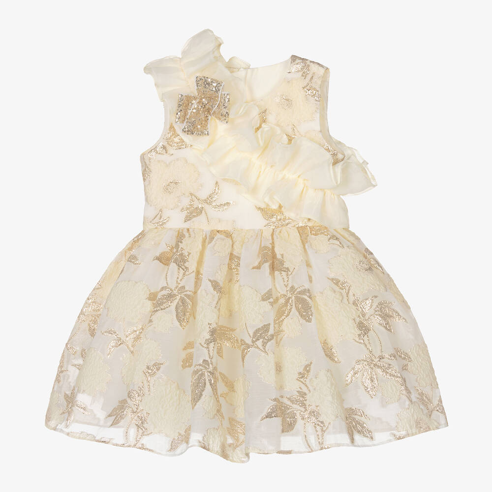 Childrensalon Occasions - Girls Ivory & Gold Floral Jacquard Dress | Childrensalon