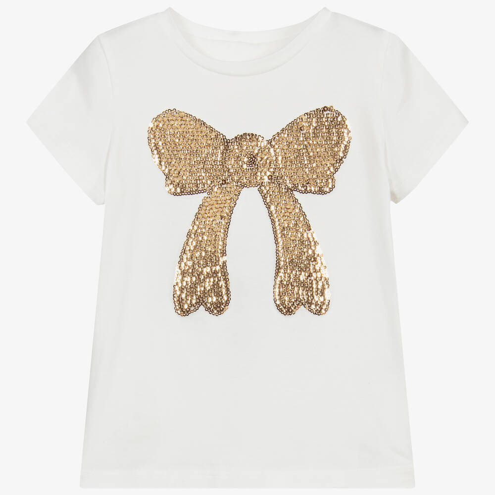 Childrensalon Occasions - Girls Ivory & Gold Sequin Bow T-Shirt | Childrensalon