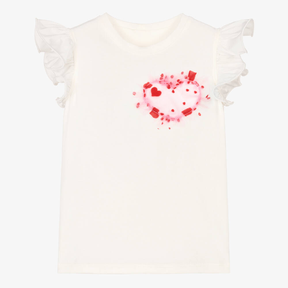 Childrensalon Occasions - T-shirt ivoire et rose en coton à coeur fille | Childrensalon