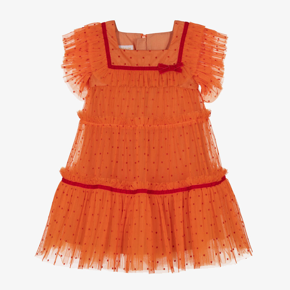 Childrensalon Occasions - Оранжевое платье в горошек из тюля | Childrensalon