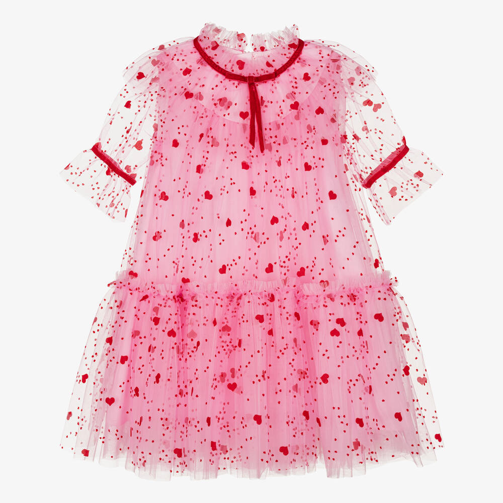Childrensalon Occasions - فستان تول لون أحمر وزهري بطبعة قلوب | Childrensalon