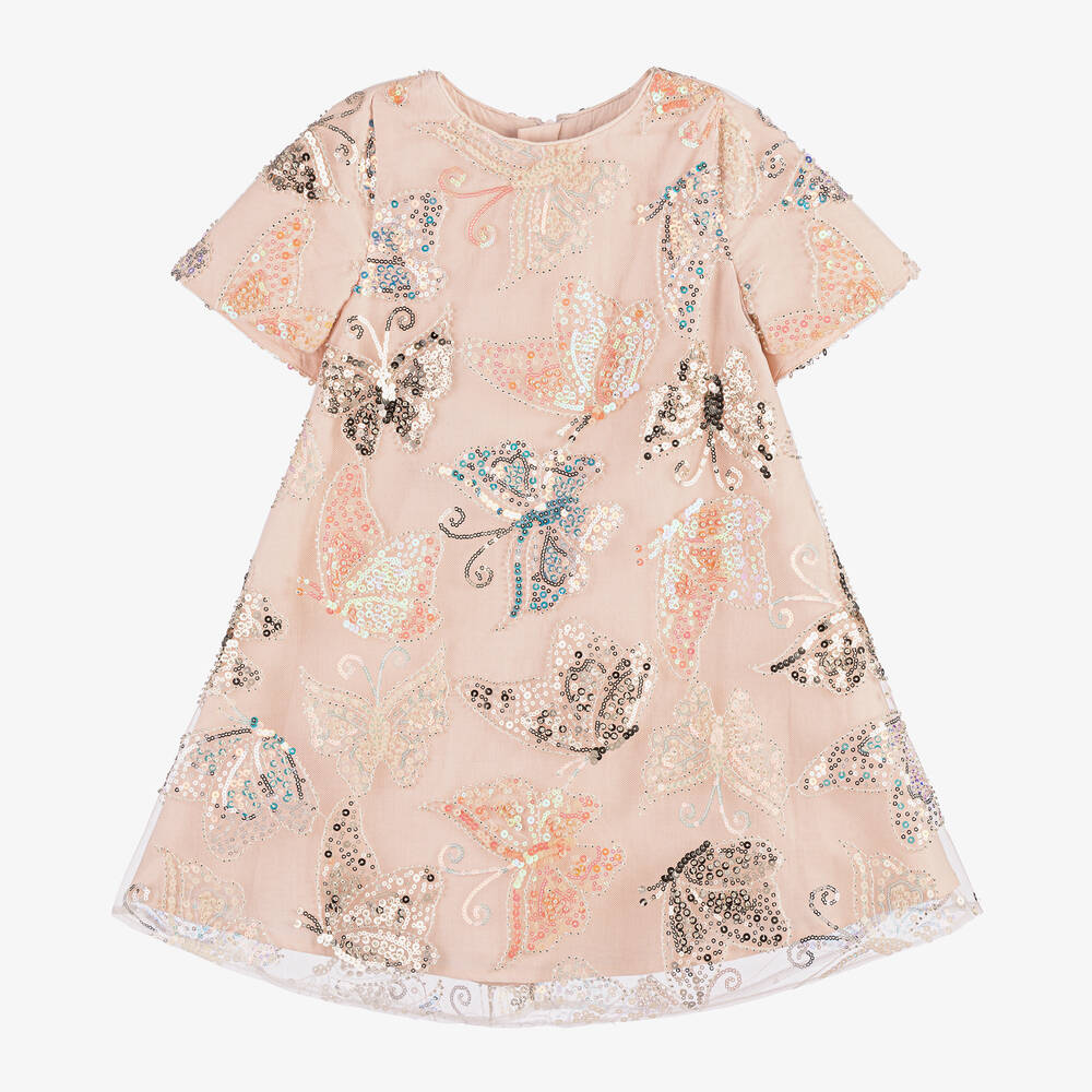 Childrensalon Occasions - Girls Pink Sequinned Butterfly Tulle Dress | Childrensalon
