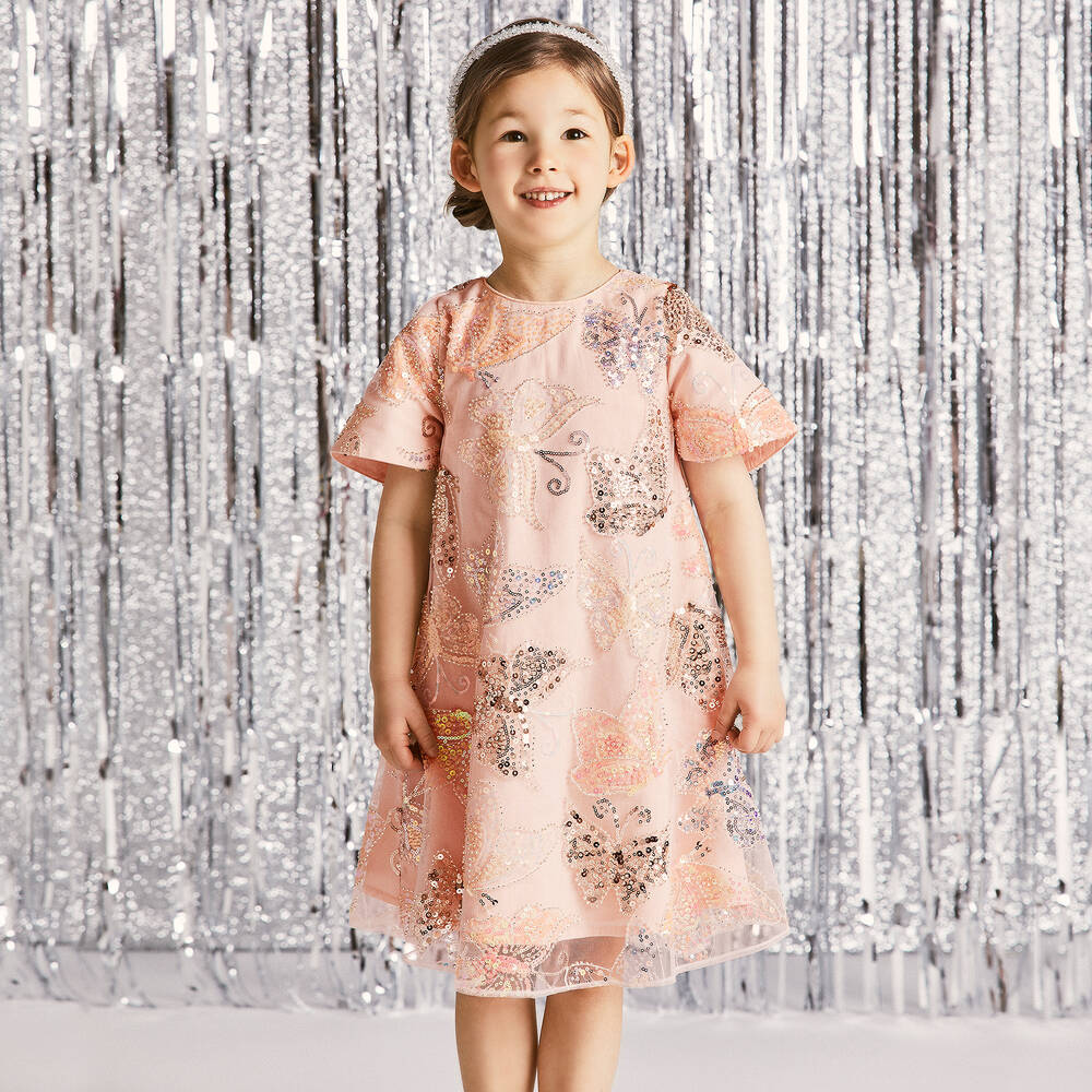 Childrensalon Occasions-Girls Pink Sequinned Butterfly Tulle Dress | Childrensalon