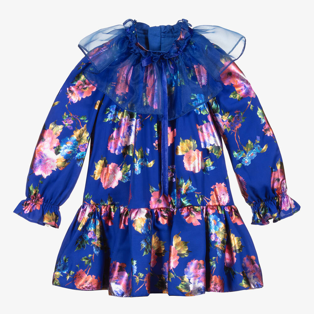 Childrensalon Occasions - Robe fleurie bleu roi en crêpe fille | Childrensalon