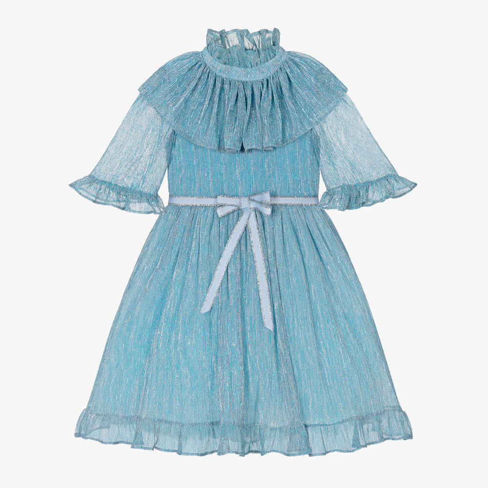 Childrensalon Occasions - Girls Sparkly Blue Plissé Dress | Childrensalon