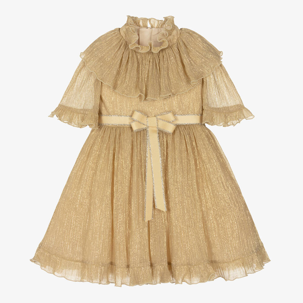 Childrensalon Occasions - Girls Sparkly Gold Plissé Dress | Childrensalon