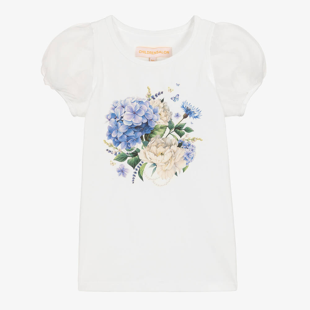 Childrensalon Occasions - Blumen-Baumwoll-T-Shirt weiß/blau | Childrensalon