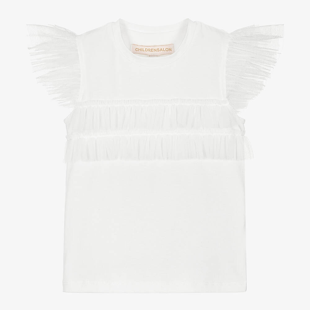 Girls White Cotton & Tulle Frill T-Shirt