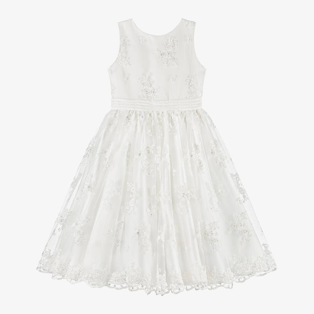 Childrensalon Occasions - Girls White Satin & Embroidered Tulle Dress | Childrensalon