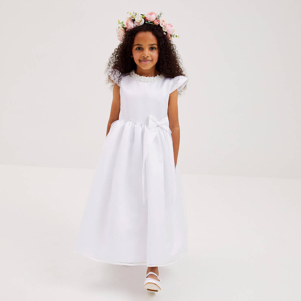 Childrensalon Occasions-Girls White Satin & Organza Dress | Childrensalon