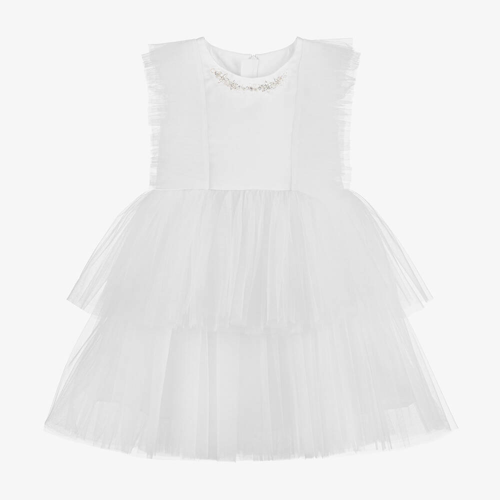 Childrensalon Occasions - Girls White Satin & Tulle Dress | Childrensalon