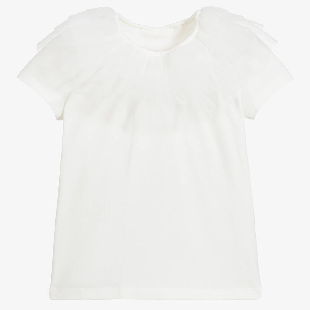 Childrensalon Occasions - Weißes T-Shirt mit Tüllkragen | Childrensalon