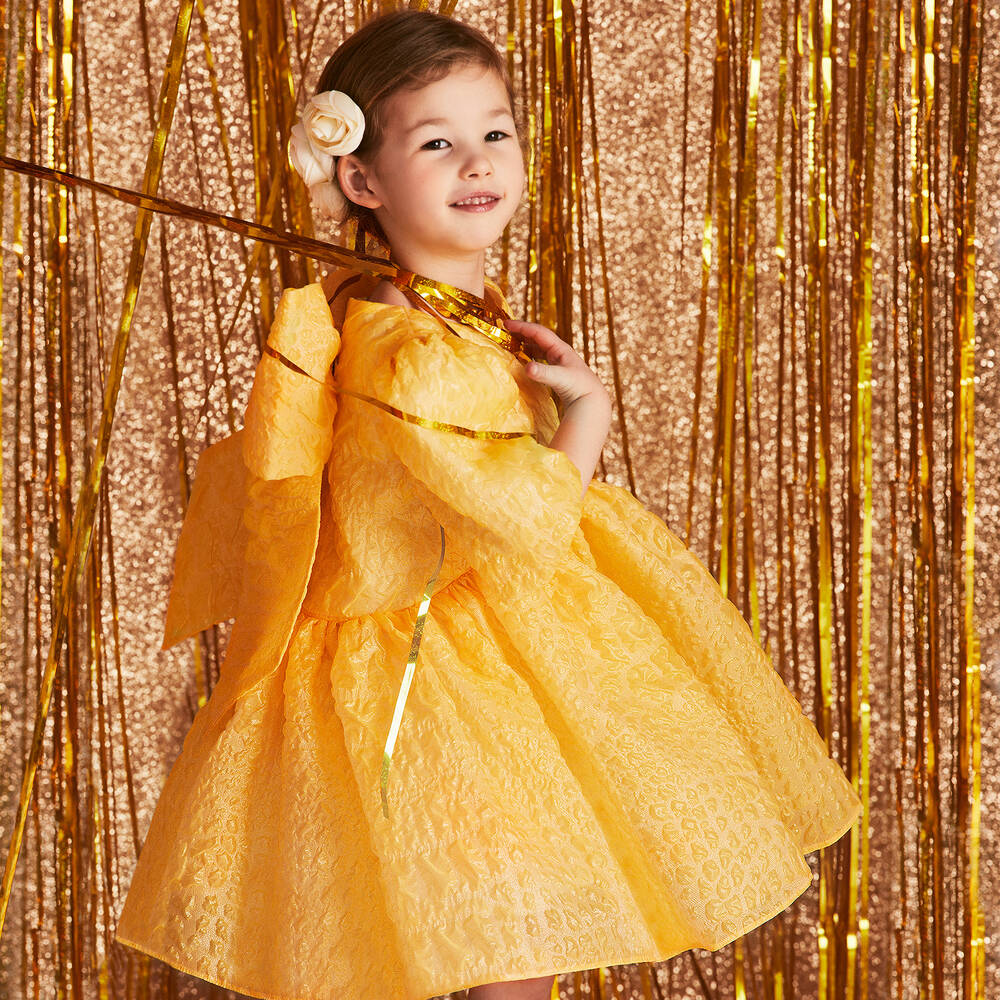 Childrensalon Occasions-Girls Yellow Cloqué Bow Dress | Childrensalon