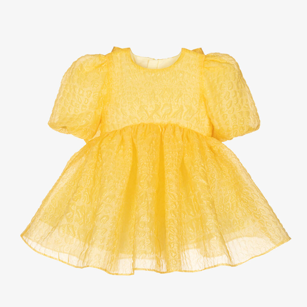 Childrensalon Occasions - فستان لون أصفر مزين بفيونكة بأكمام منفوشة | Childrensalon