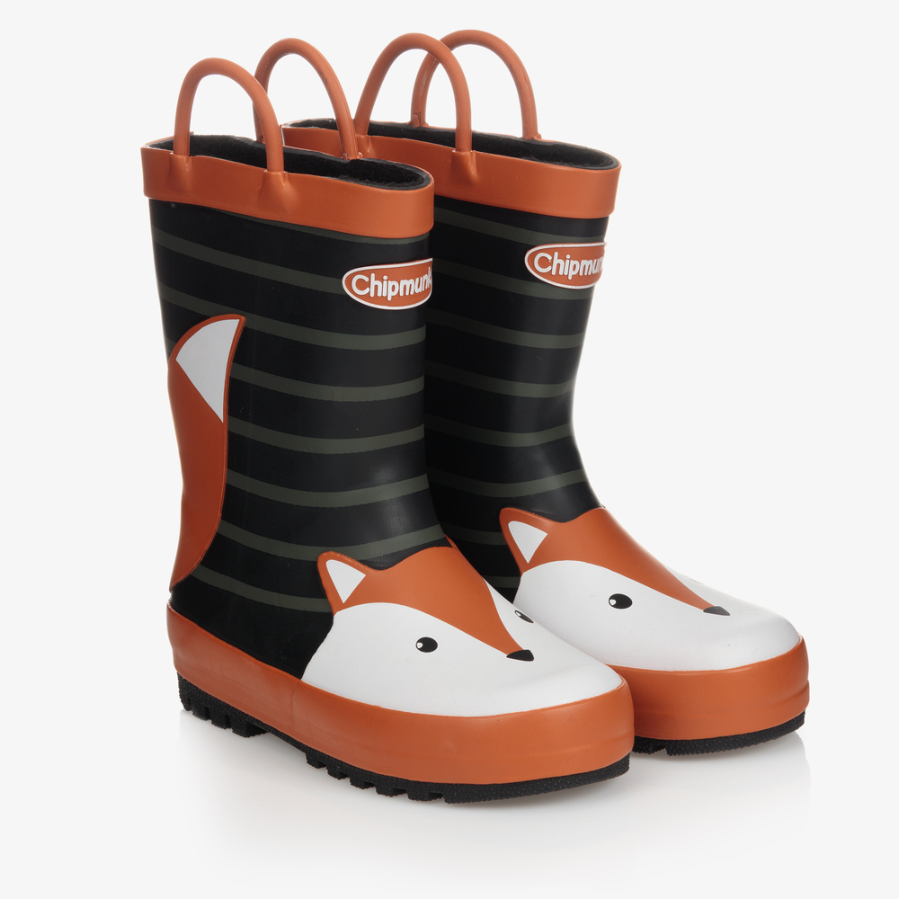Chipmunks - Black & Orange Fox Rain Boots | Childrensalon