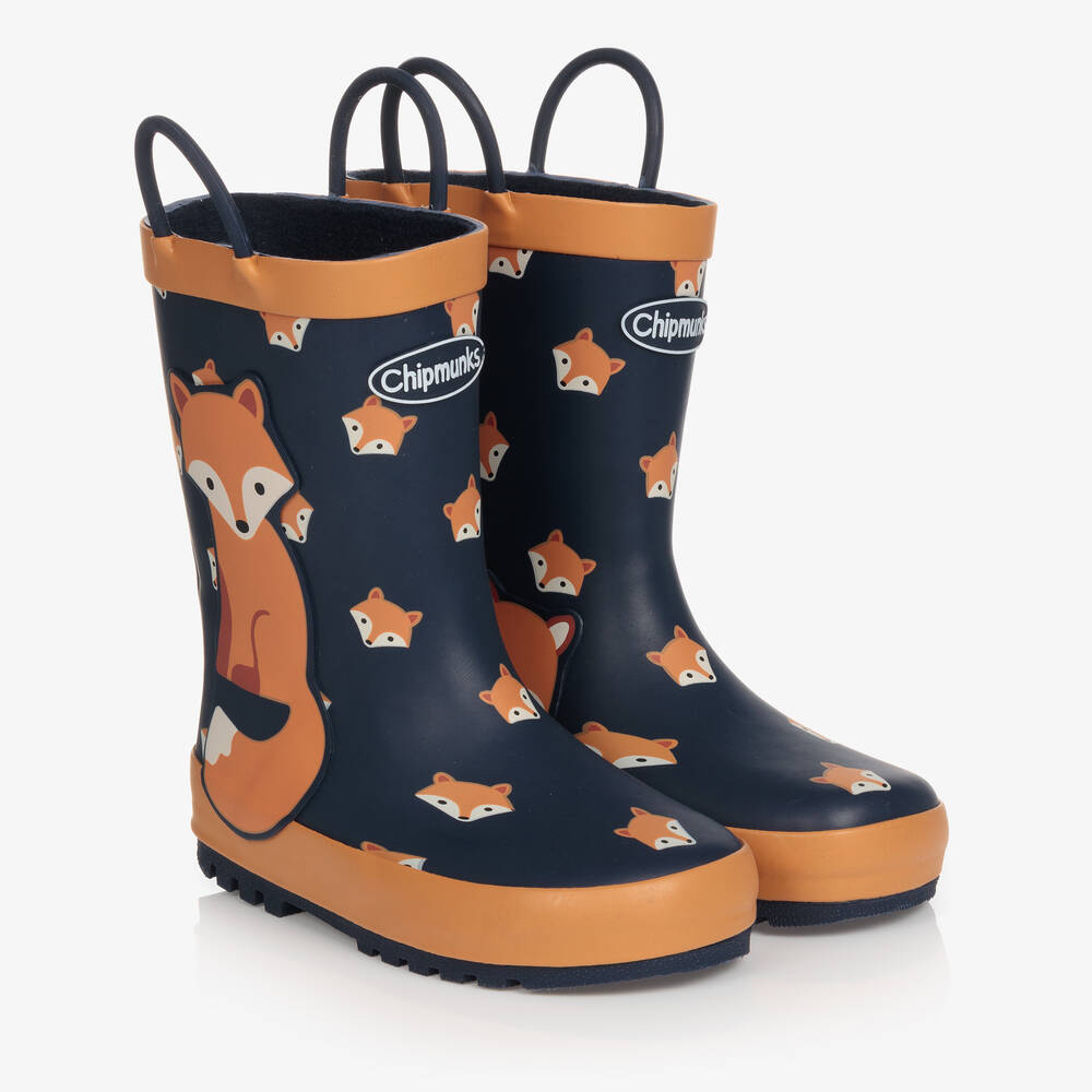 Chipmunks - Boys Blue & Orange Fox Rain Boots | Childrensalon