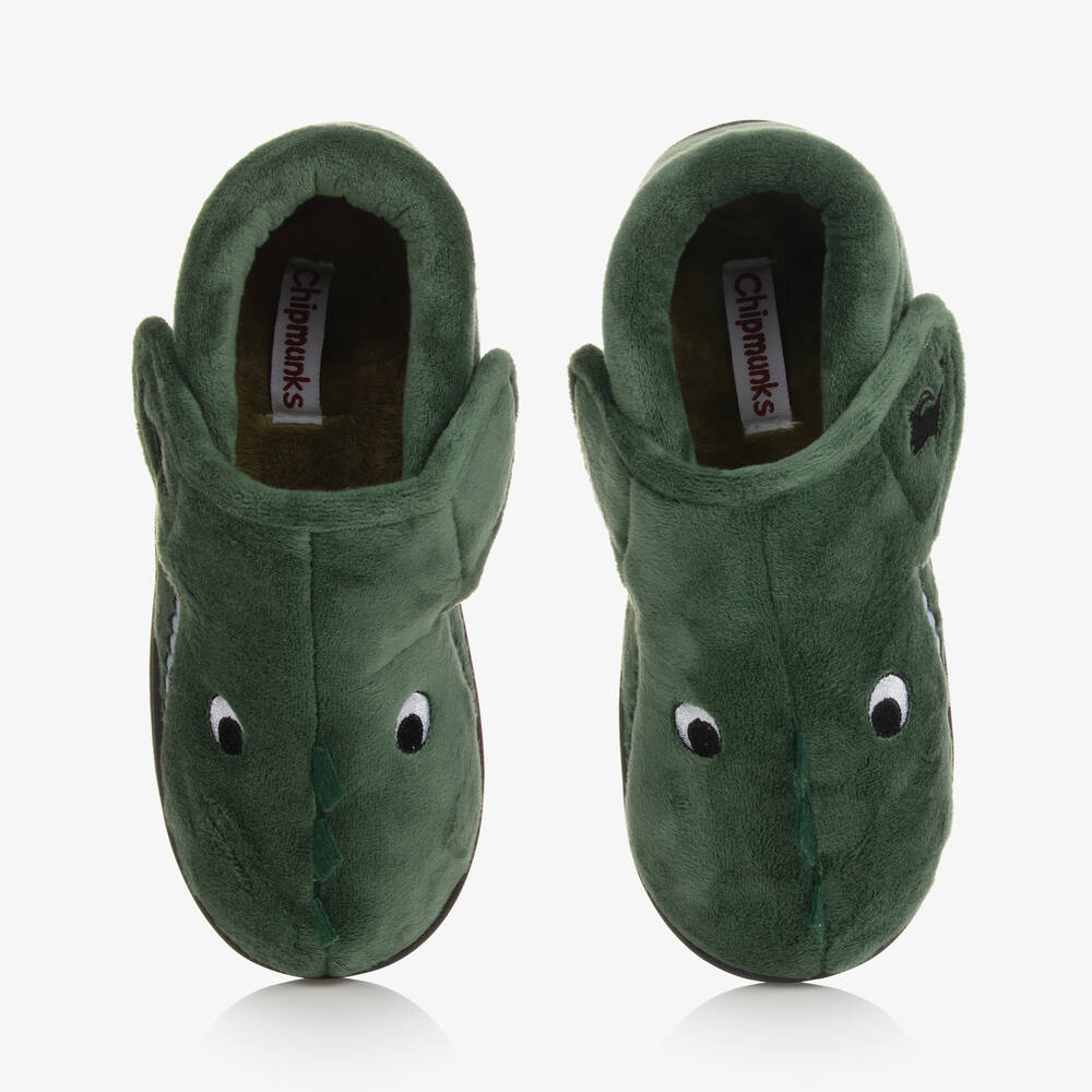 Chipmunks - Boys Green Dinosaur Velcro Slippers | Childrensalon