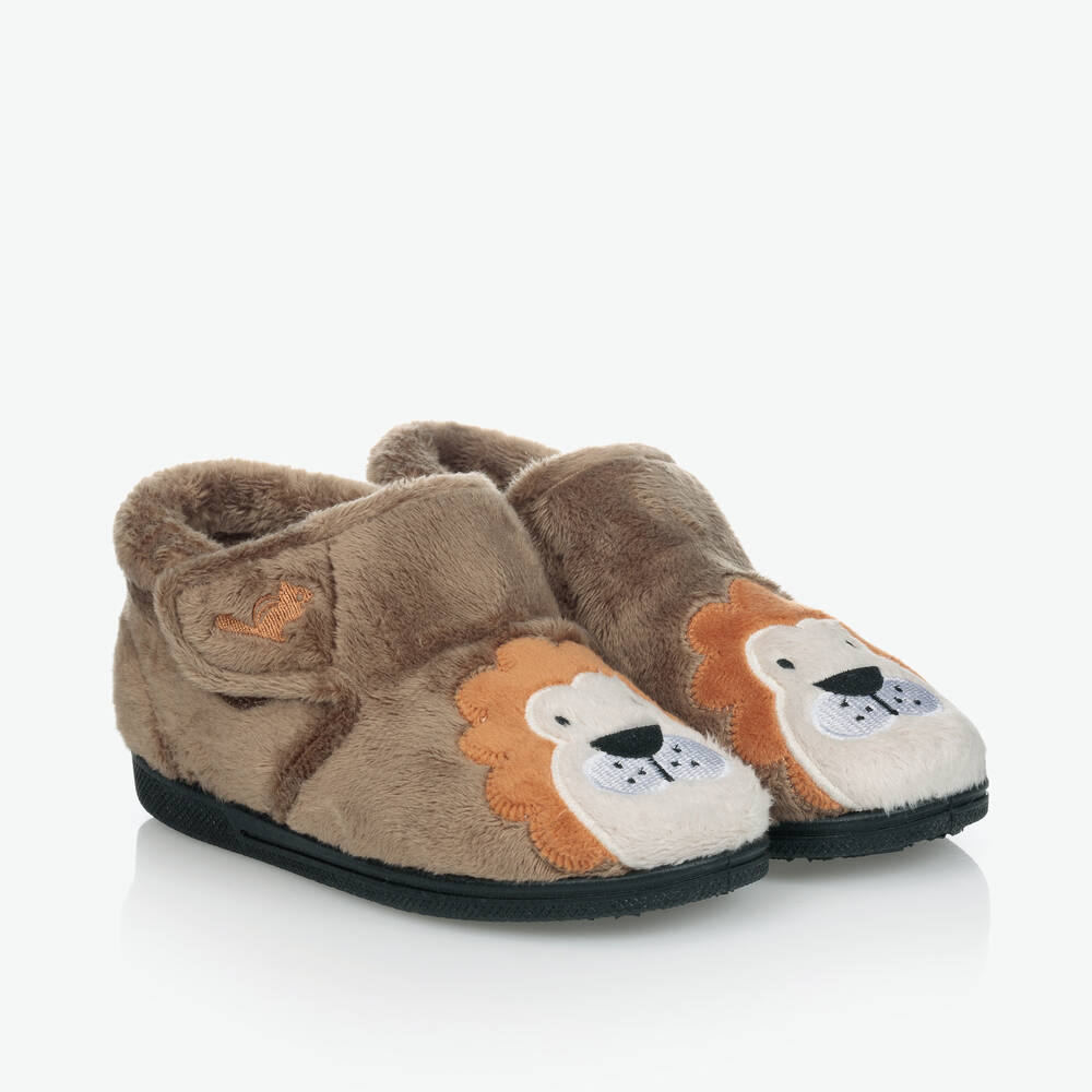 Chipmunks - Dark Beige Velcro Lion Slippers | Childrensalon