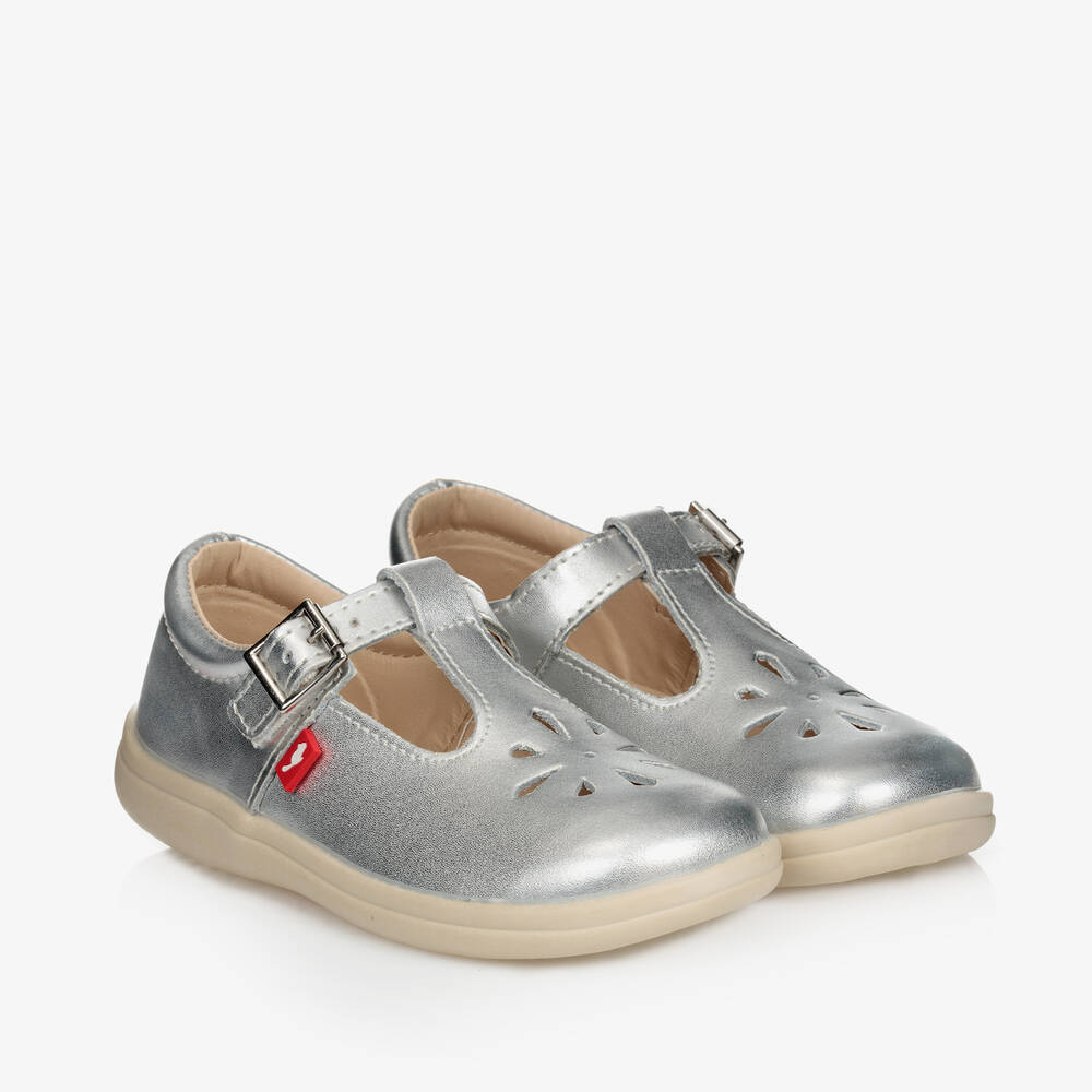Chipmunks - Girls Silver Leather T-Bar Shoes | Childrensalon